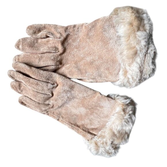 Wilsons Leather Womens Beige Tan Suede Gloves Faux Fur Cuff Size L Lined - Picture 3 of 9